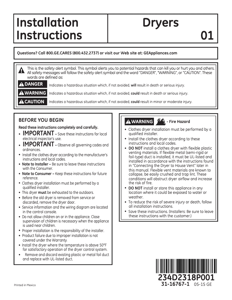 Page 1 of the manual Installation Guide GE GTD18GSSJWW