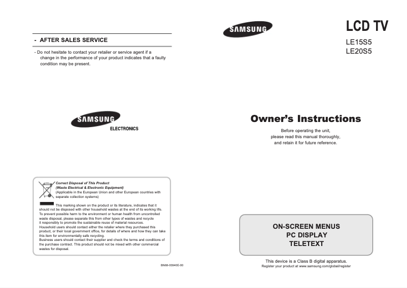 Page 1 de la notice Manuel utilisateur Samsung LE15S51BP