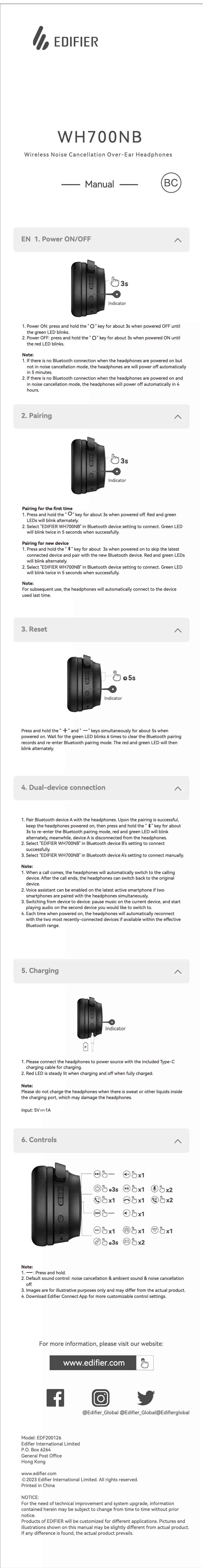Page 1 de la notice Manuel utilisateur Edifier WH700NB
