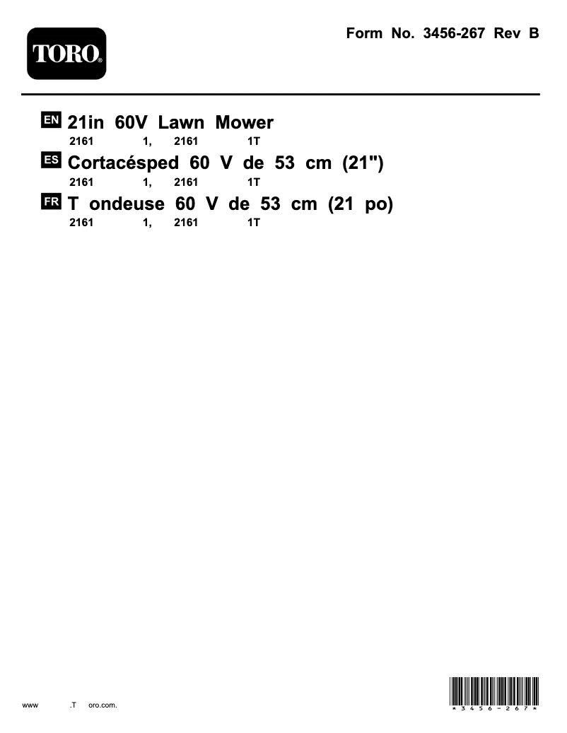 Page 1 de la notice Manuel utilisateur Toro 21611