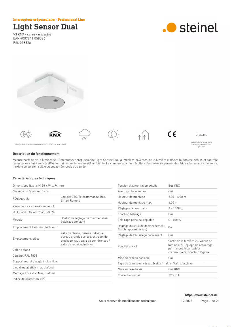 Page 1 de la notice Fiche technique Steinel Light Sensor Dual KNX