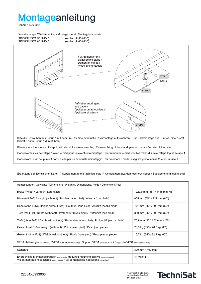Page n°1 - Manuel utilisateur TechniSat TECHNIVISTA 65 UHD CL