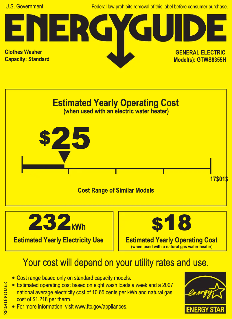 Page 1 of the manual Energy Label GE GTWS8355HMC