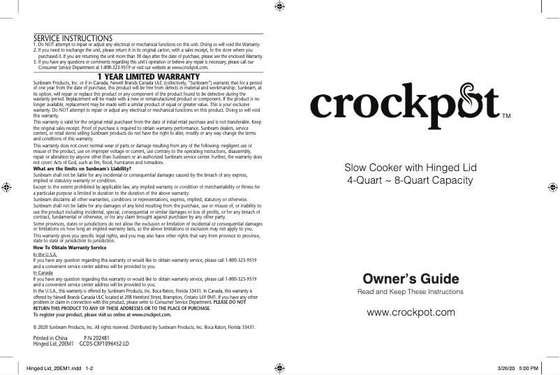 Page n°1 - Manuel utilisateur Crock-Pot CPSCVO45HL-BP