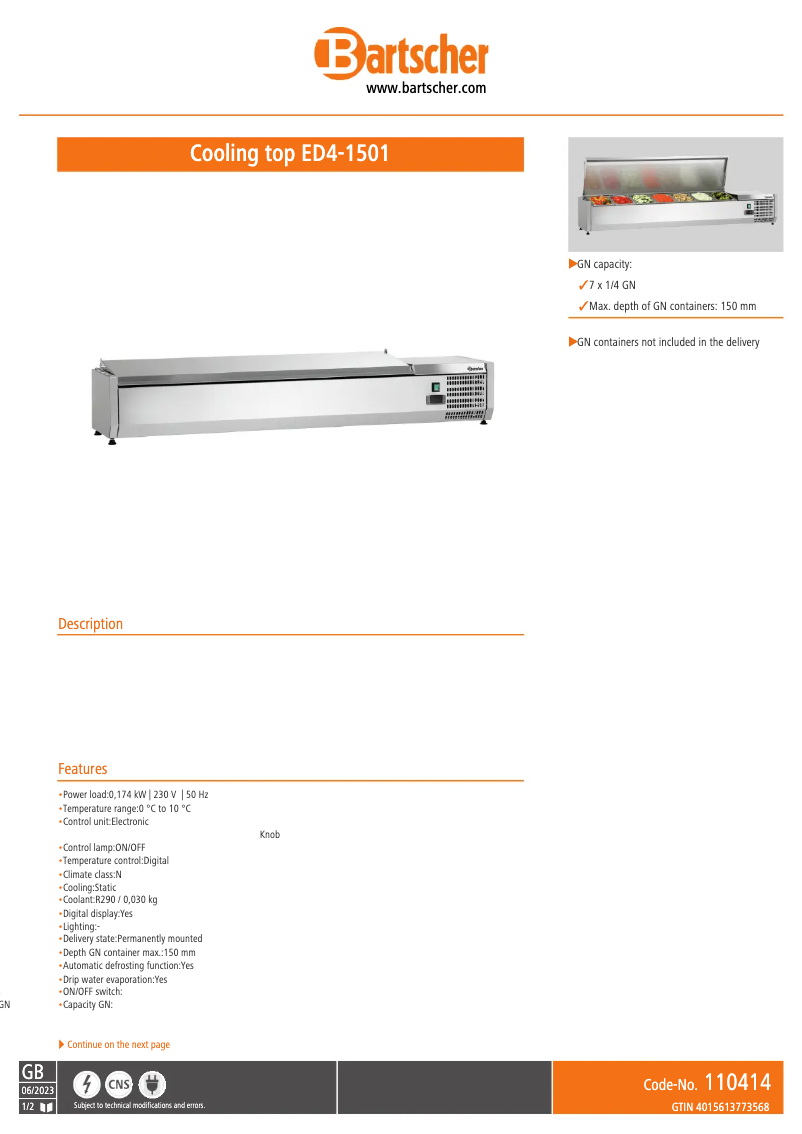 Página 1 del manual Ficha técnica Bartscher ED4-1501