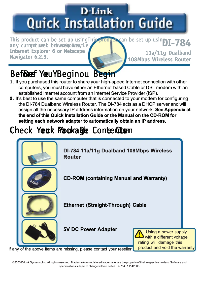 Page n°1 - Guide d'installation D-Link Air Premier AG DI-784