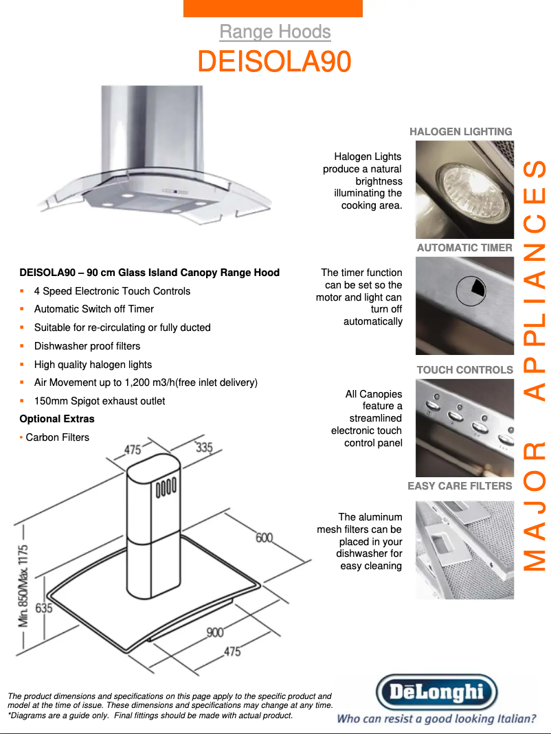 Page 1 de la notice Fiche technique DeLonghi DEISOLA90