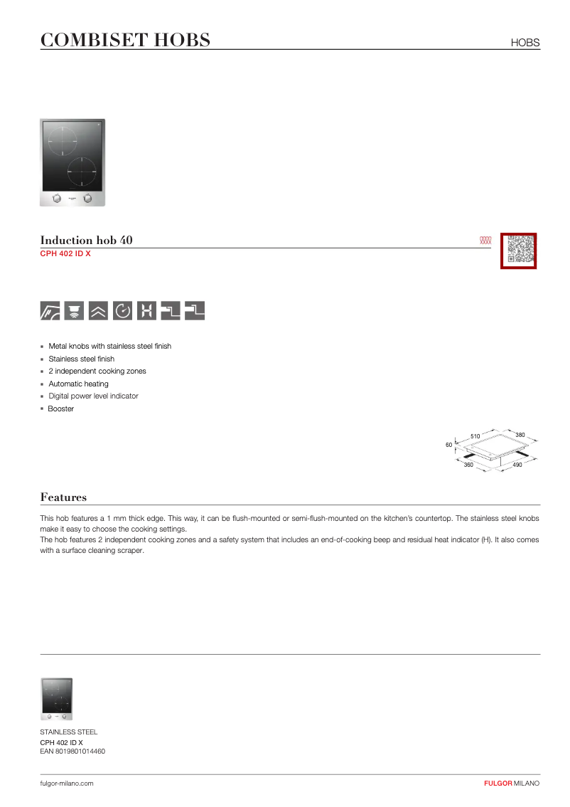 Page 1 de la notice Fiche technique Fulgor Milano CPH 402 ID X