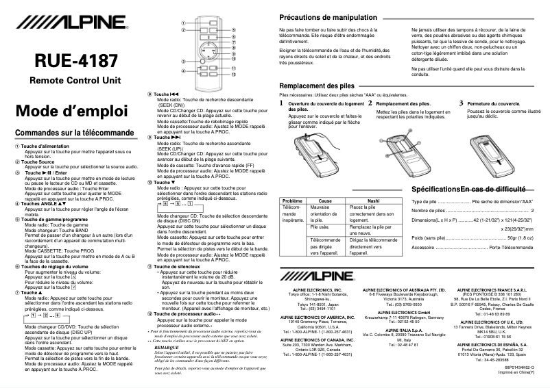 Page n°1 - Manuel utilisateur Alpine RUE-4187