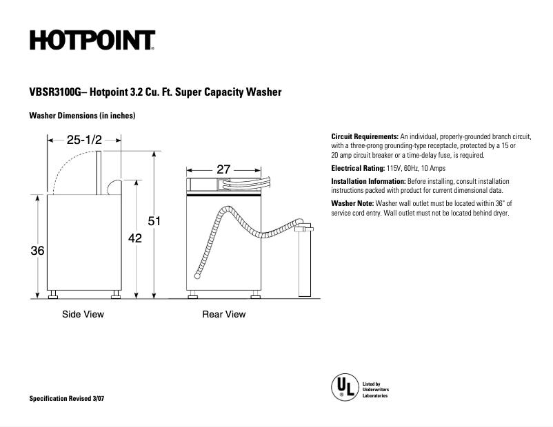 Page 1 de la notice Fiche technique Hotpoint VBSR3100GWW