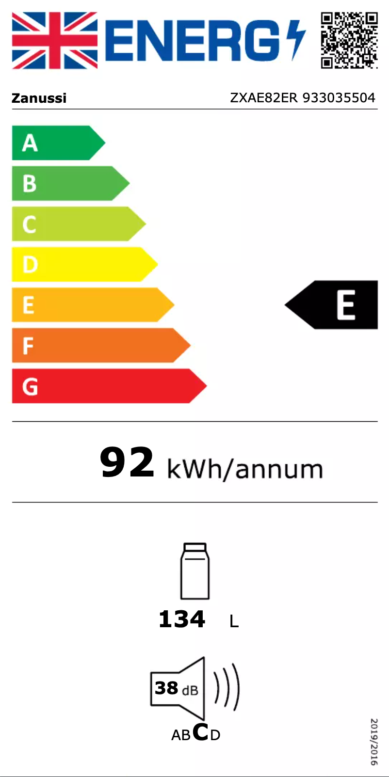 Page 1 de la notice Label énergétique Zanussi ZXAE82ER