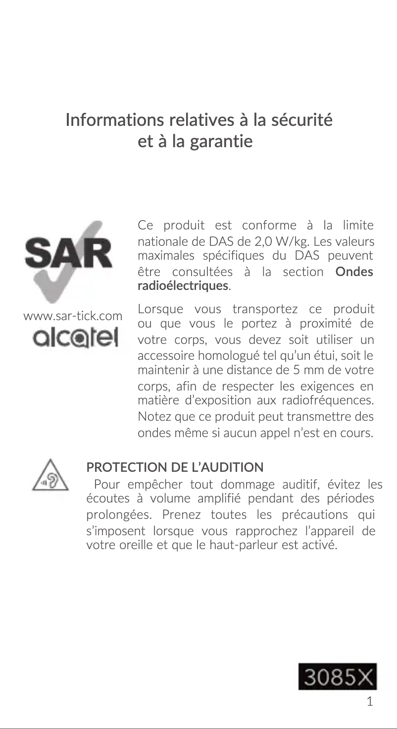 Page 1 de la notice Instructions de sécurité Alcatel 3085 4G