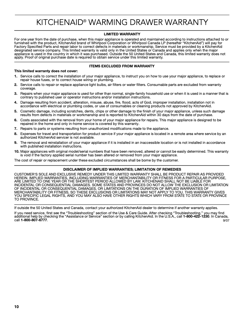 Page 1 de la notice Informations de garantie KitchenAid KOWT104ESS