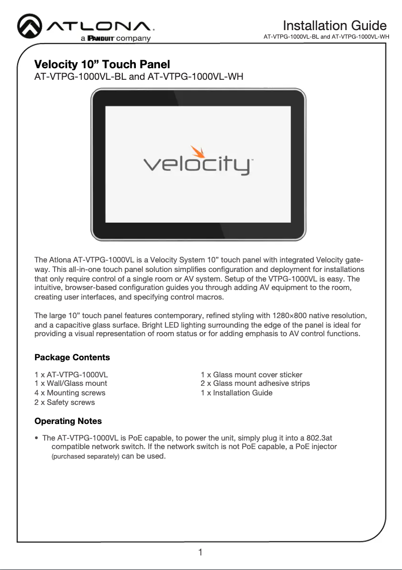Page n°1 - Guide d'installation Atlona AT-VTPG-1000VL