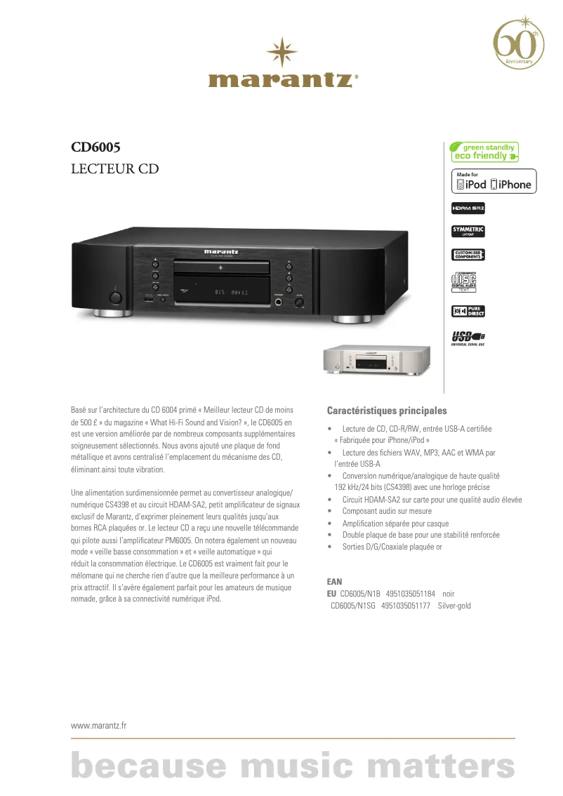 Page n°1 - Fiche technique Marantz CD6005