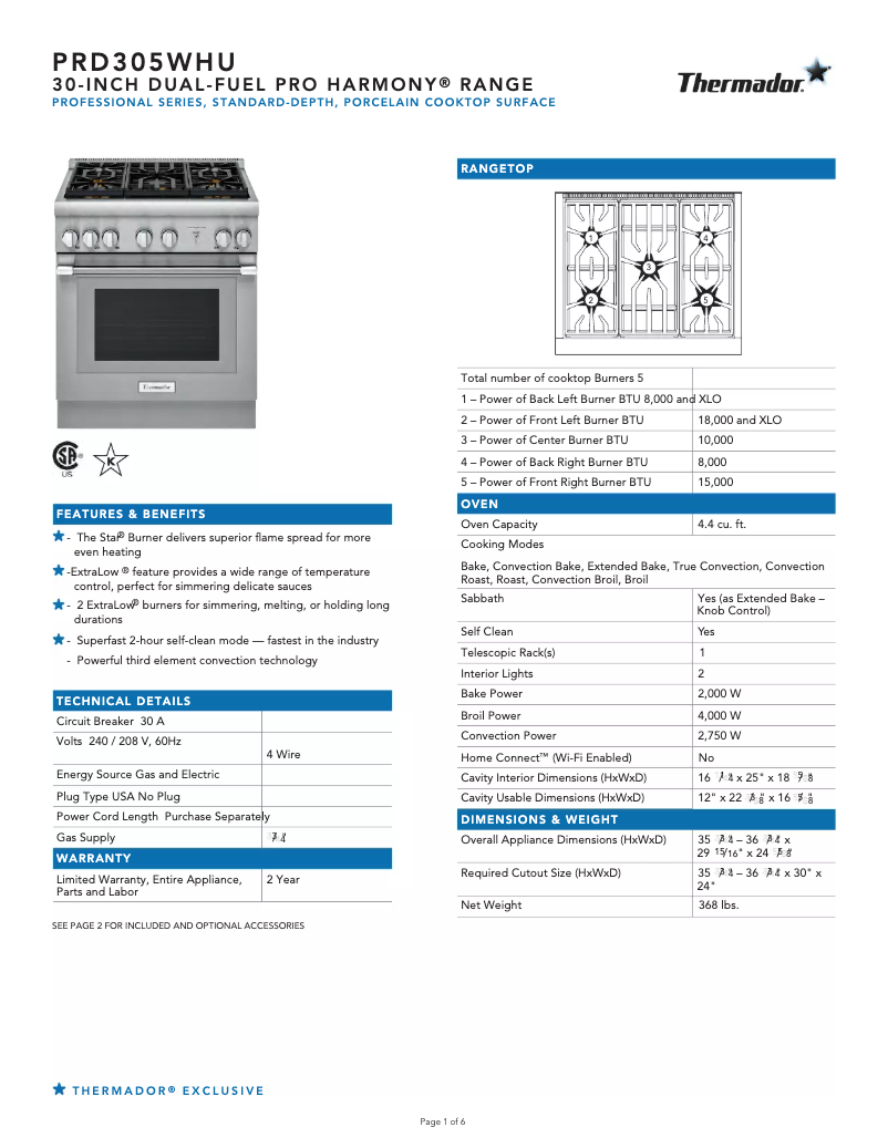 Page 1 de la notice Fiche technique Thermador PRD305WHU