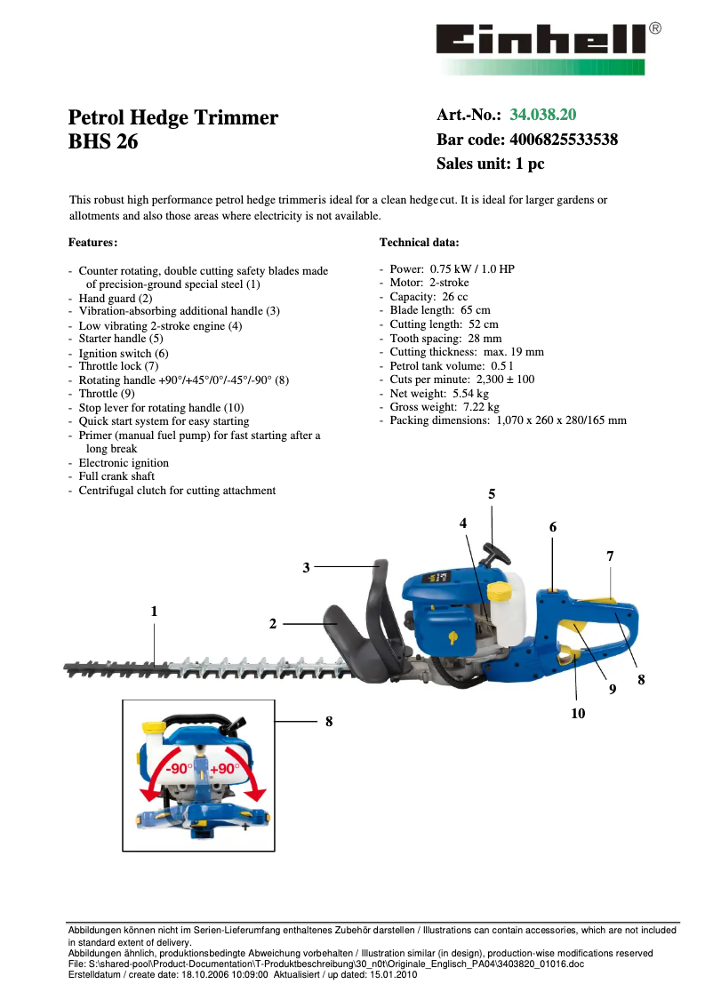 Page 1 de la notice Manuel utilisateur Einhell BHS 26