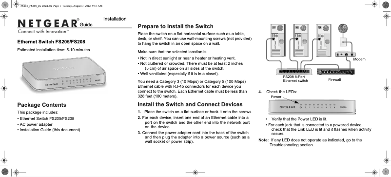 Page 1 de la notice Guide d'installation Netgear FS208