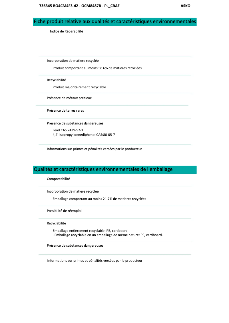 Page 1 de la notice Fiche technique Asko OCM8487BB