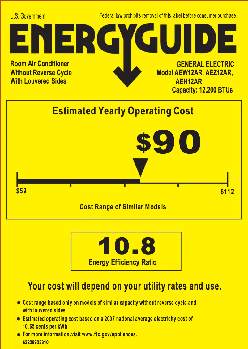 Page 1 de la notice Label énergétique GE AEZ12AR