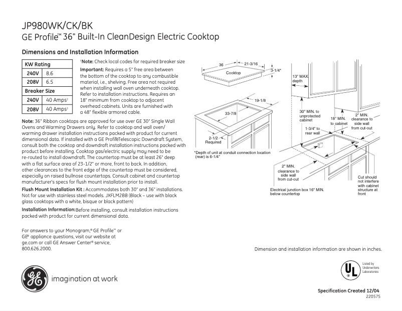 Page 1 de la notice Fiche technique GE Profile JP980CKCC