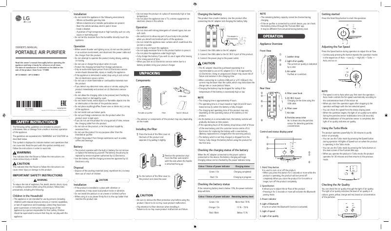 Page 1 de la notice Manuel utilisateur LG PuriCare Mini AP151MBA1
