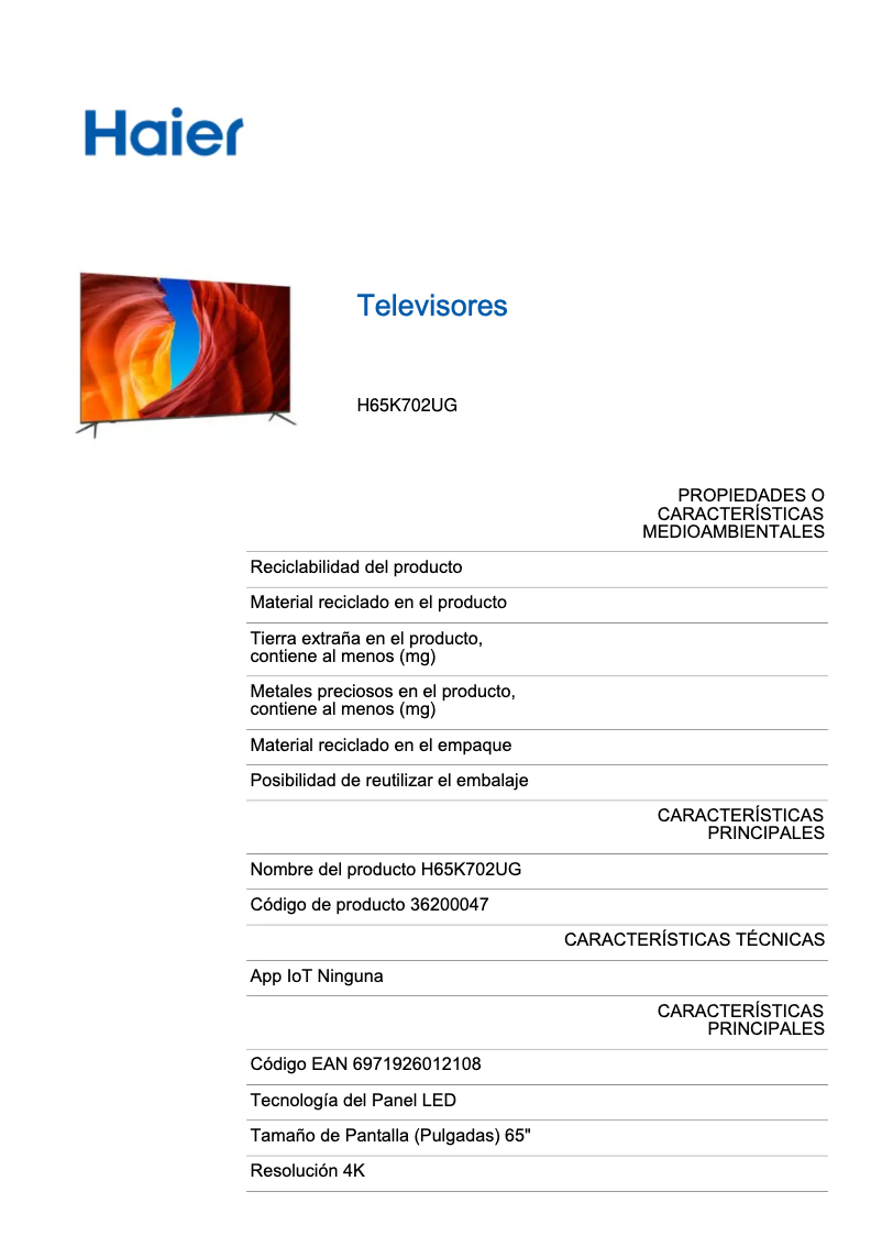 Image de la première page du manuel de l'appareil H65K702UG