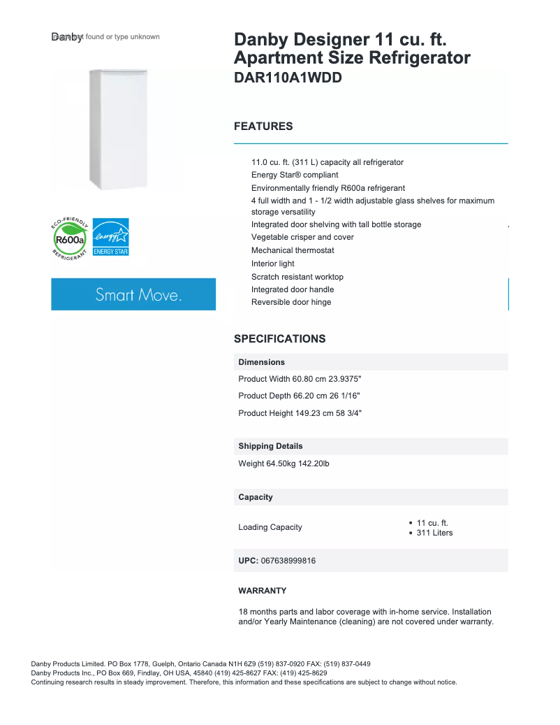 Página 1 del manual Ficha técnica Danby DAR110A1DD