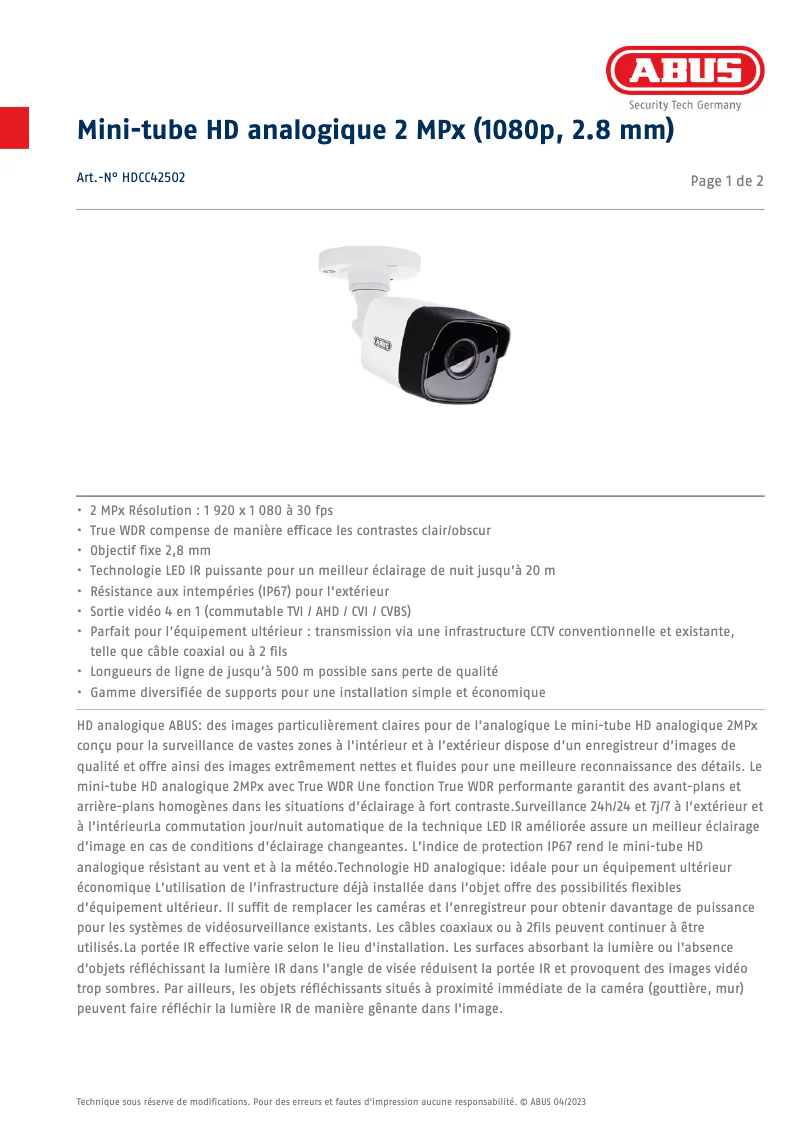 Página 1 del manual Ficha técnica Abus HDCC42502