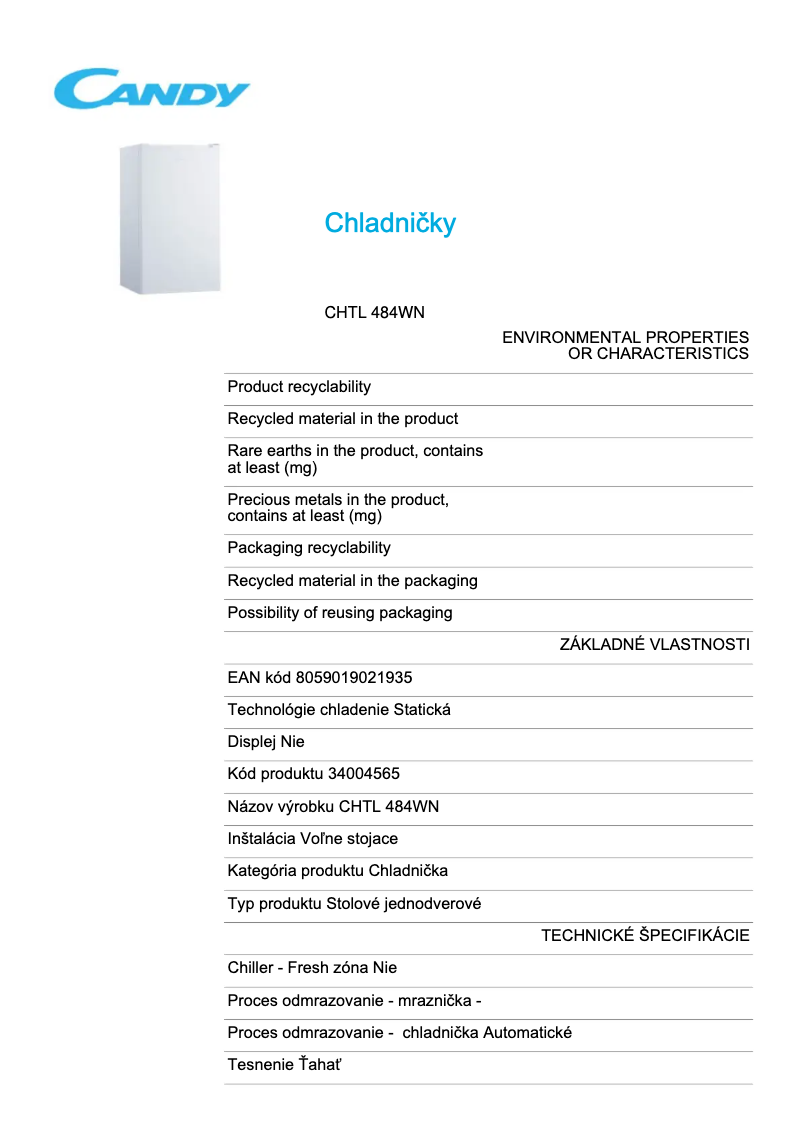 Page 1 de la notice Fiche technique Candy CHTL 484WN