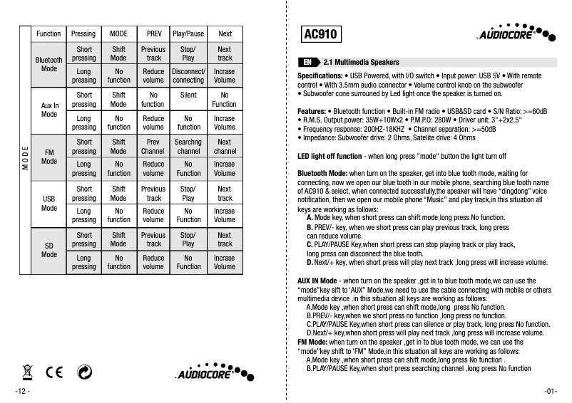 Page 1 de la notice Manuel utilisateur Audiocore AC910