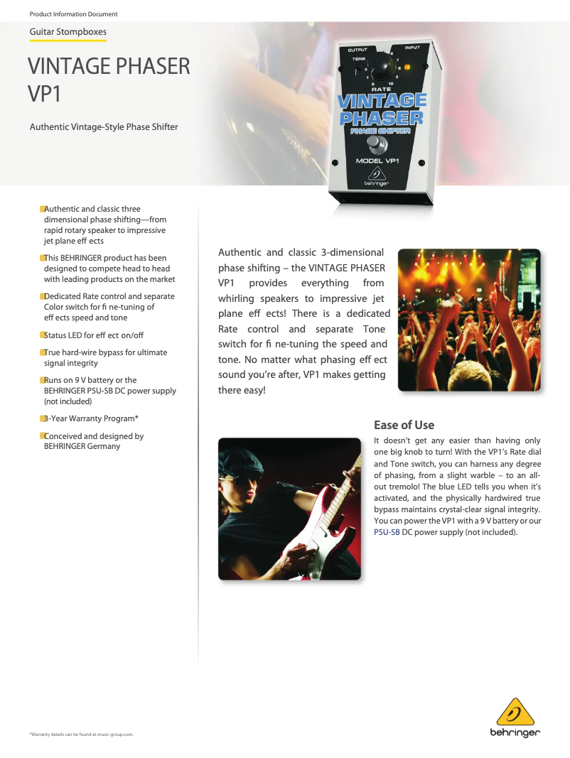 Page 1 de la notice Fiche technique Behringer Vintage Phaser VP1