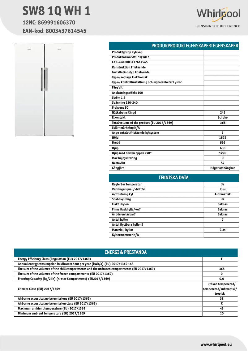 Page 1 de la notice Fiche technique Whirlpool SW8 1Q W