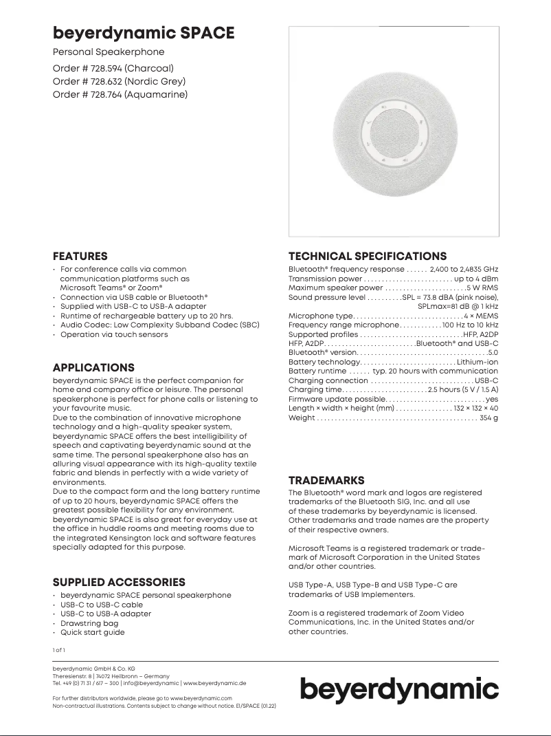 Página 1 del manual Ficha técnica Beyerdynamic Space