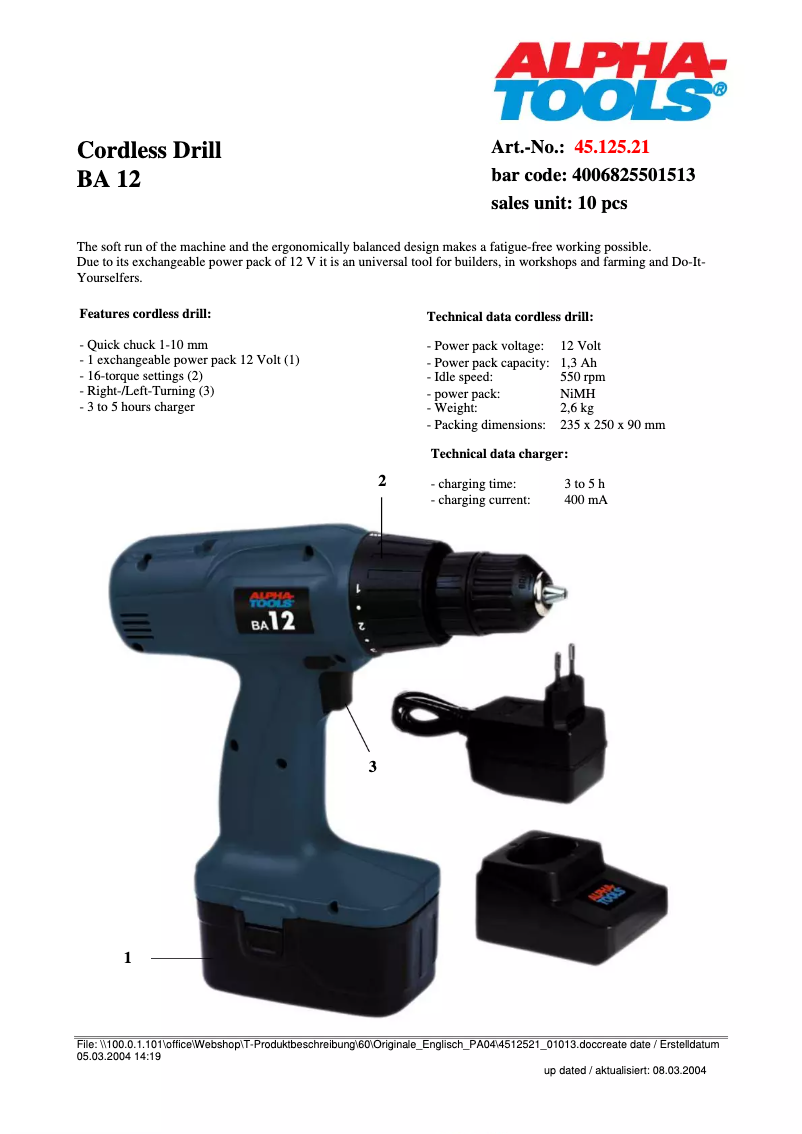 Page n°1 - Manuel utilisateur Alpha Tools BA 12