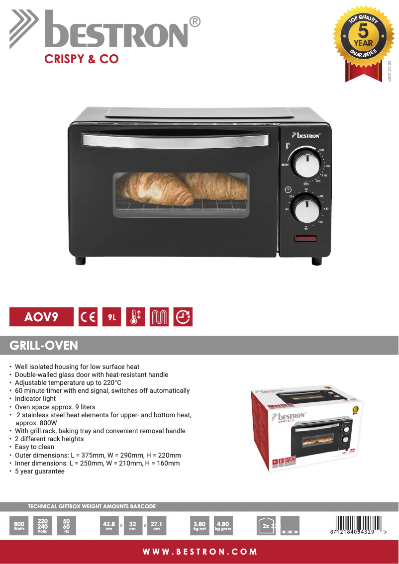 Page 1 de la notice Fiche technique Bestron AOV9