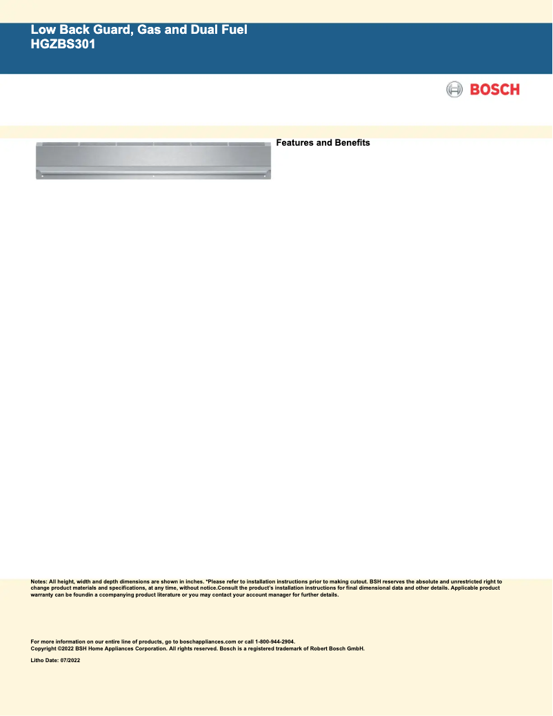 Page 1 de la notice Fiche technique Bosch HGZBS301