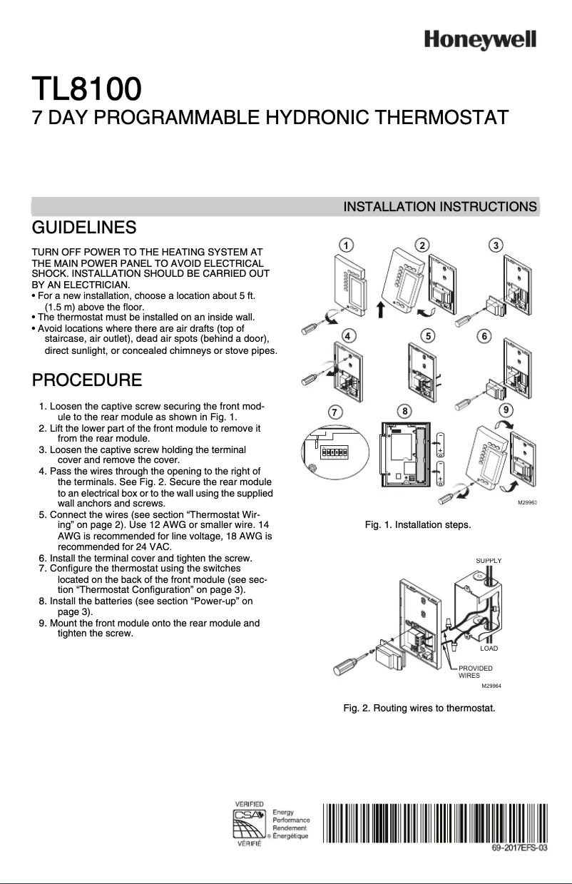 Page n°1 - Instructions / montage Honeywell TL8100A