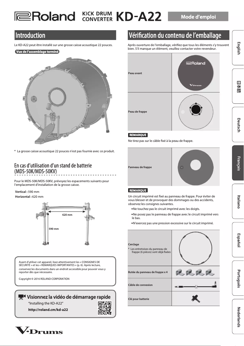 Page n°1 - Manuel utilisateur Roland KD-A22