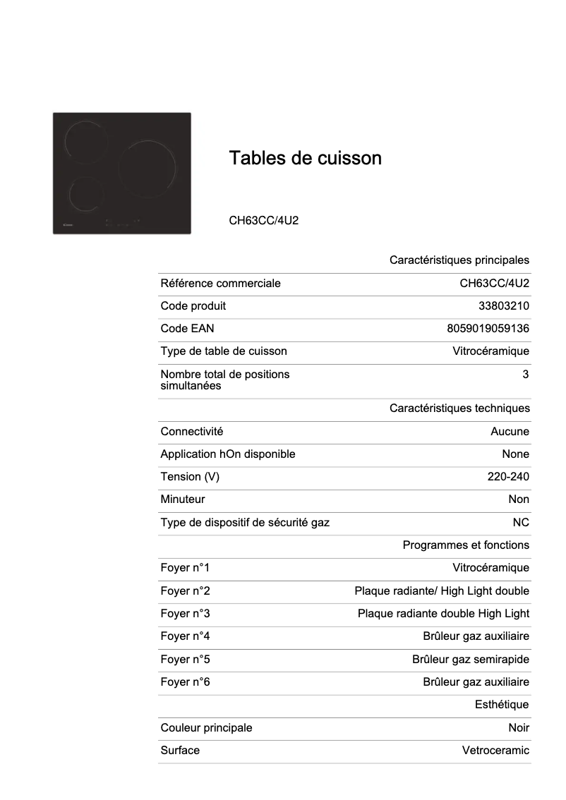 Page 1 de la notice Fiche technique Candy CH63CC/4U2