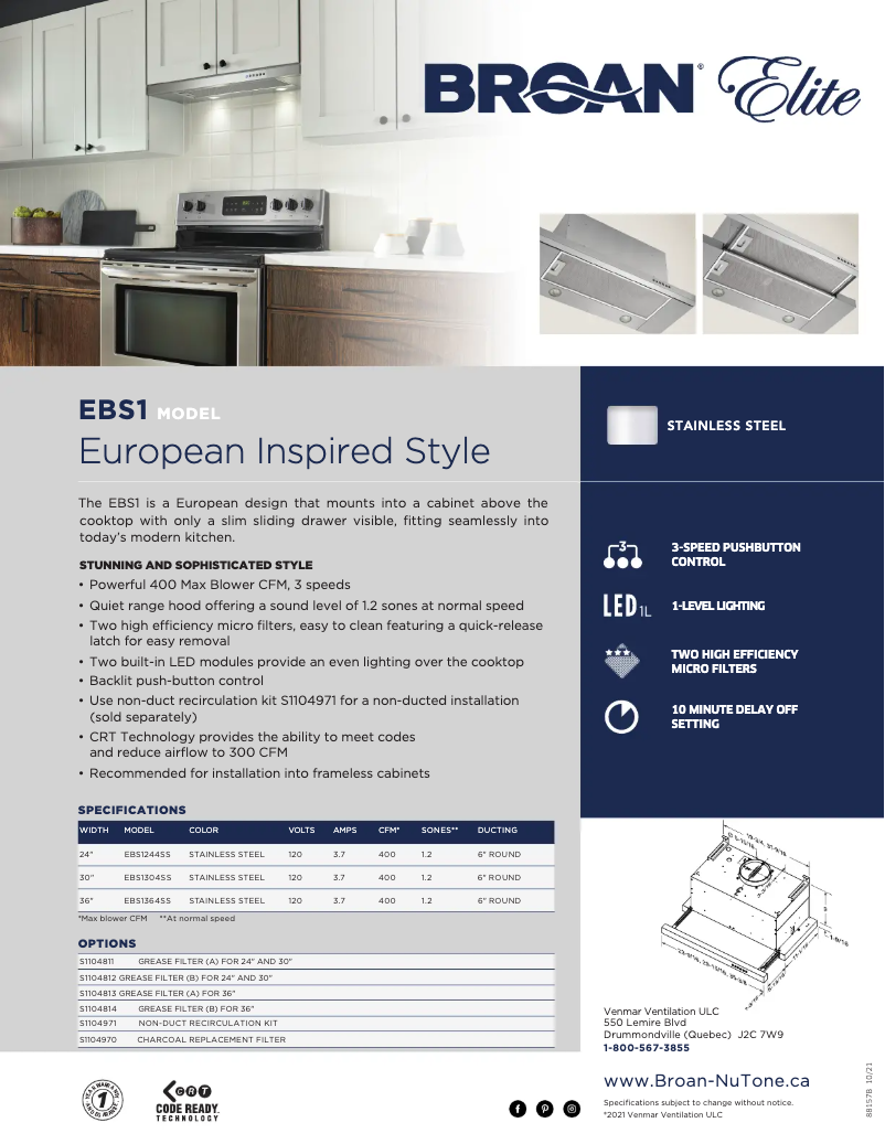 Page n°1 - Brochure Broan Elite EBS1364SS