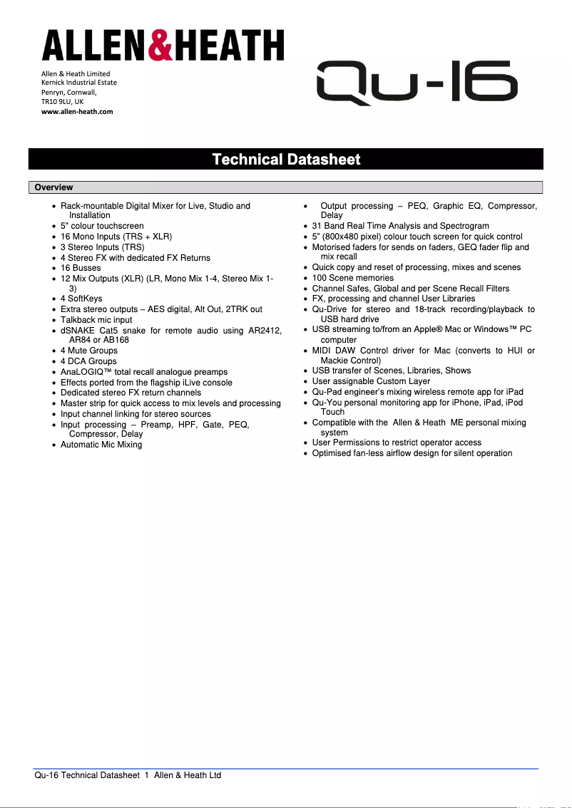 Page n°1 - Fiche technique Allen & Heath Qu-16