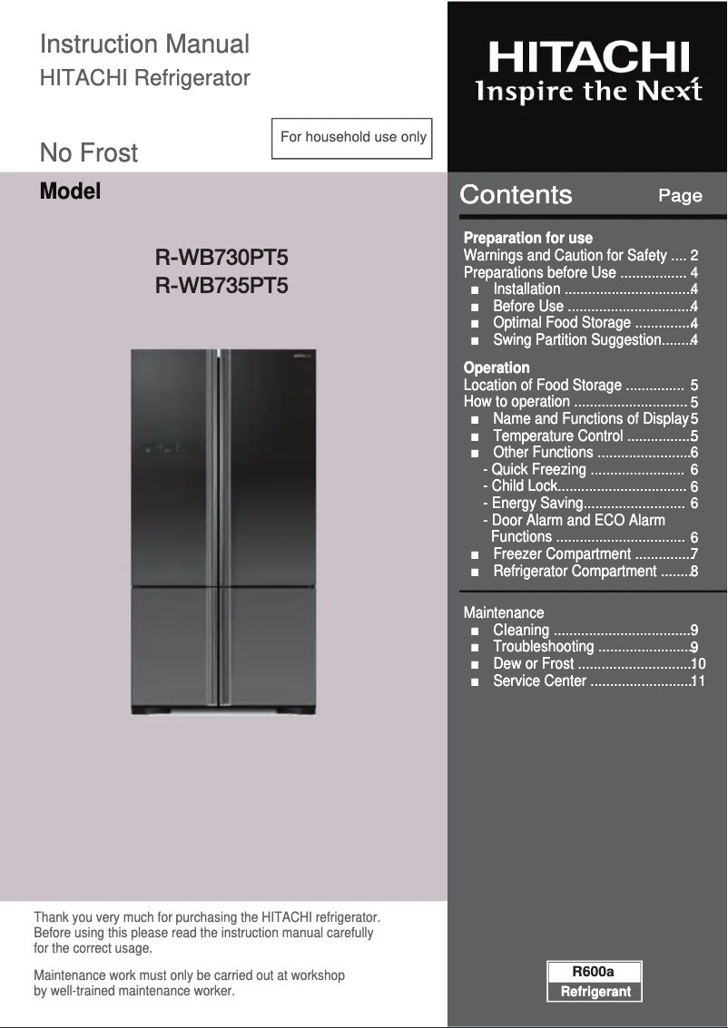 Page 1 de la notice Manuel utilisateur Hitachi R-WB735PT5