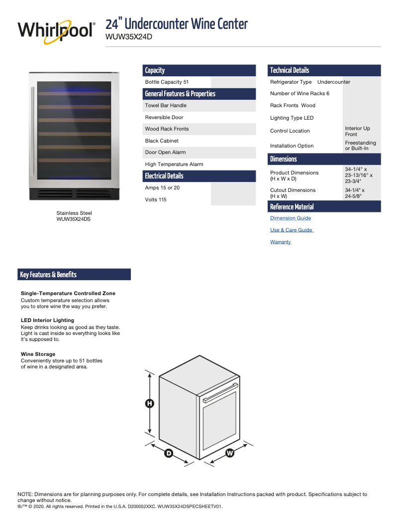 Page 1 de la notice Fiche technique Whirlpool WUW35X24DS