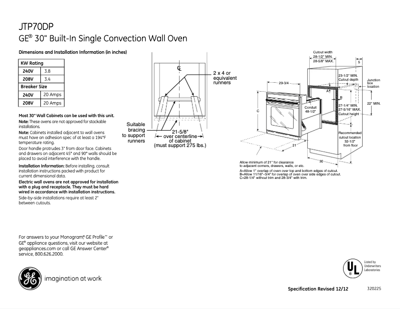 Page 1 de la notice Fiche technique GE JTP70DPWW