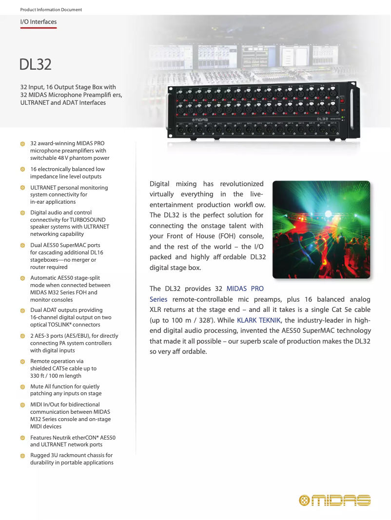 Página 1 del manual Ficha técnica Midas DL32