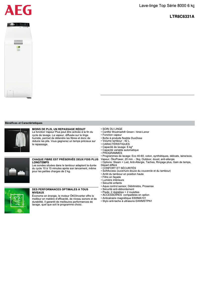 Page 1 de la notice Fiche technique AEG LTR8C6331A