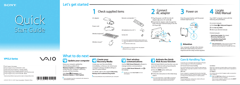 Page 1 de la notice Guide d'installation Sony Vaio VPCL215