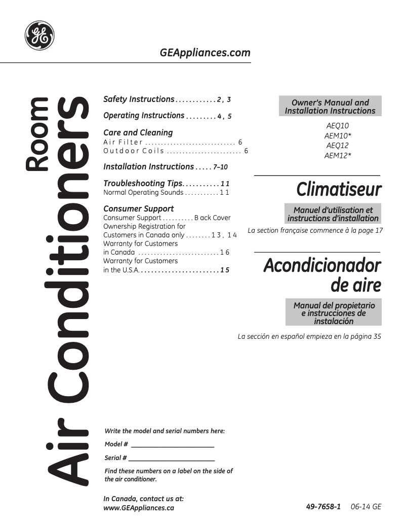Page 1 de la notice Guide d'installation GE AEQ12AQ