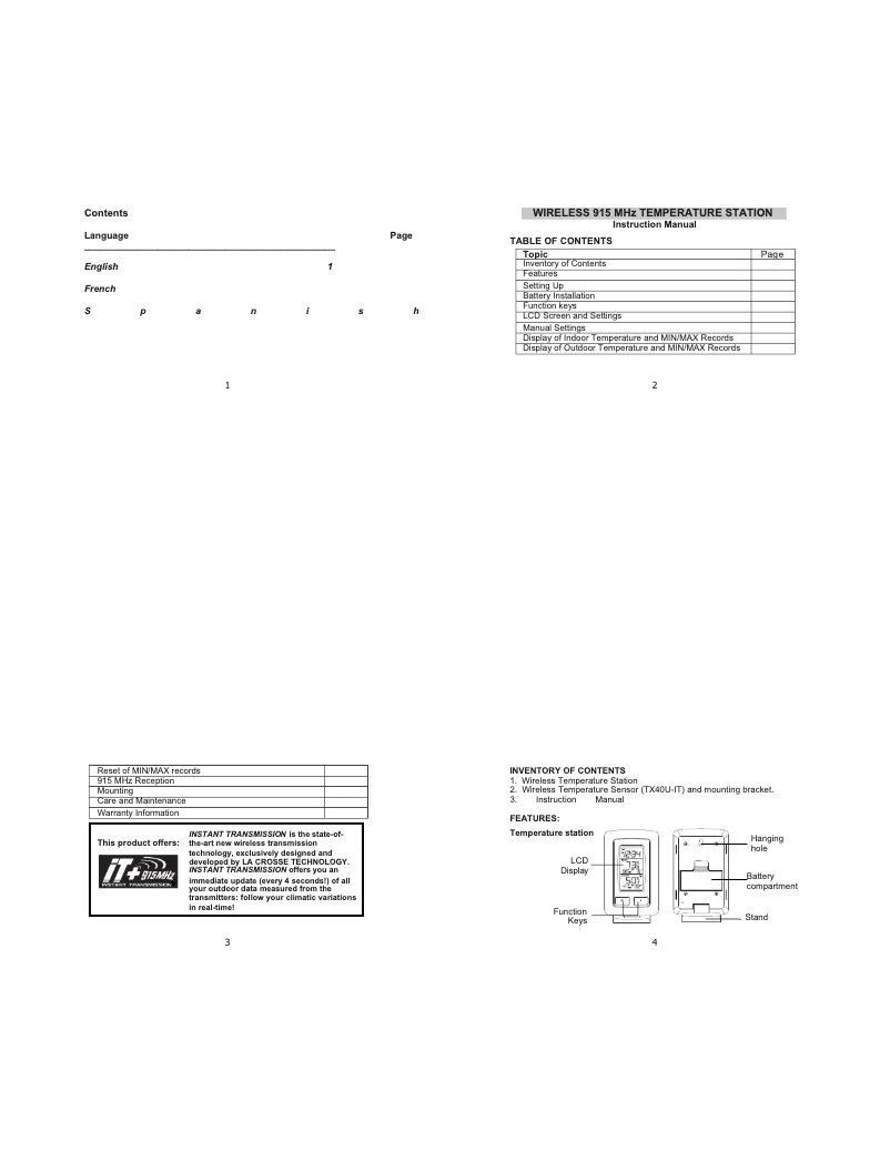 Page n°1 - Manuel utilisateur La Crosse Technology WS-9240U-IT